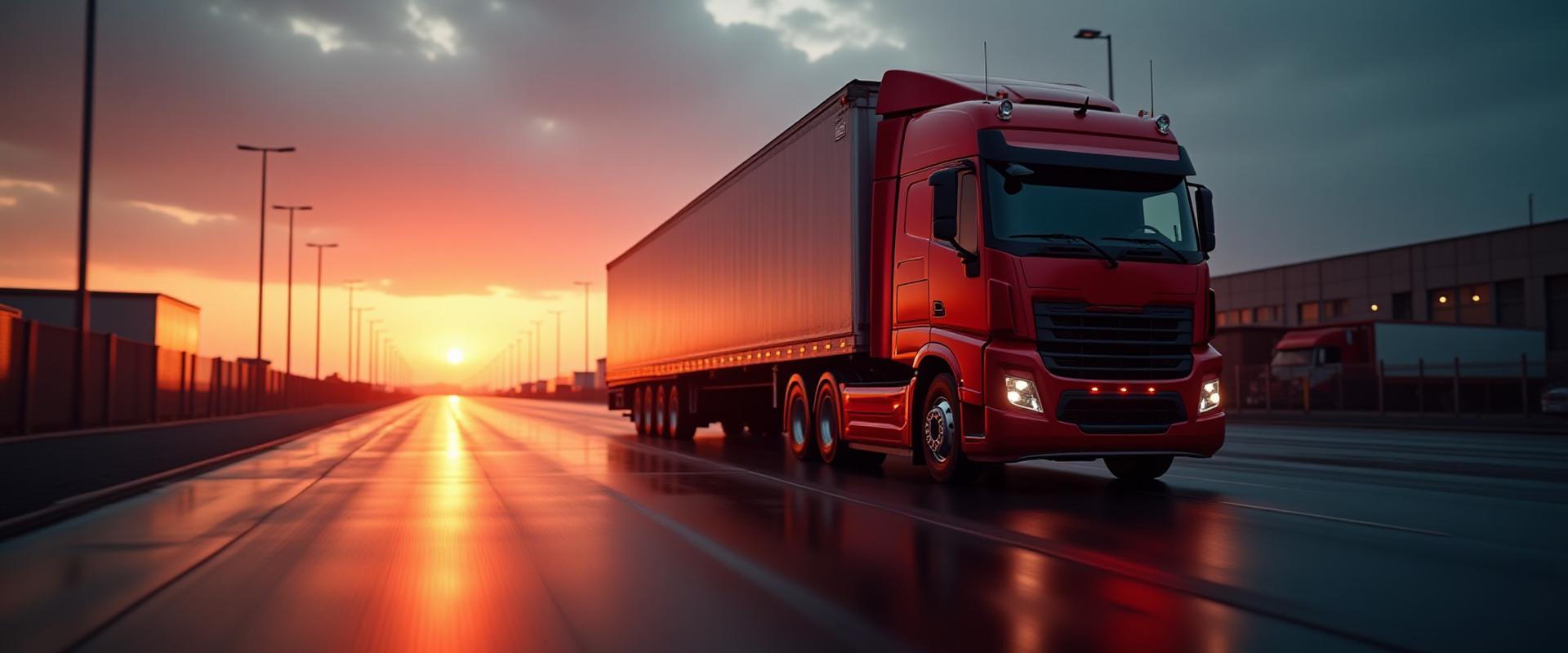 Modern heavy-duty truck parked at a logistics terminal during dusk