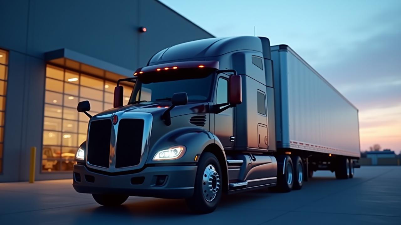 Heavy duty SMS Trucking semi-truck parked at a high-tech distribution facility during dusk