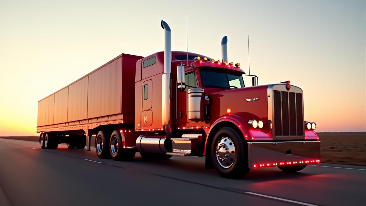 Heavy haul truck with specialized lowboy trailer carrying industrial equipment