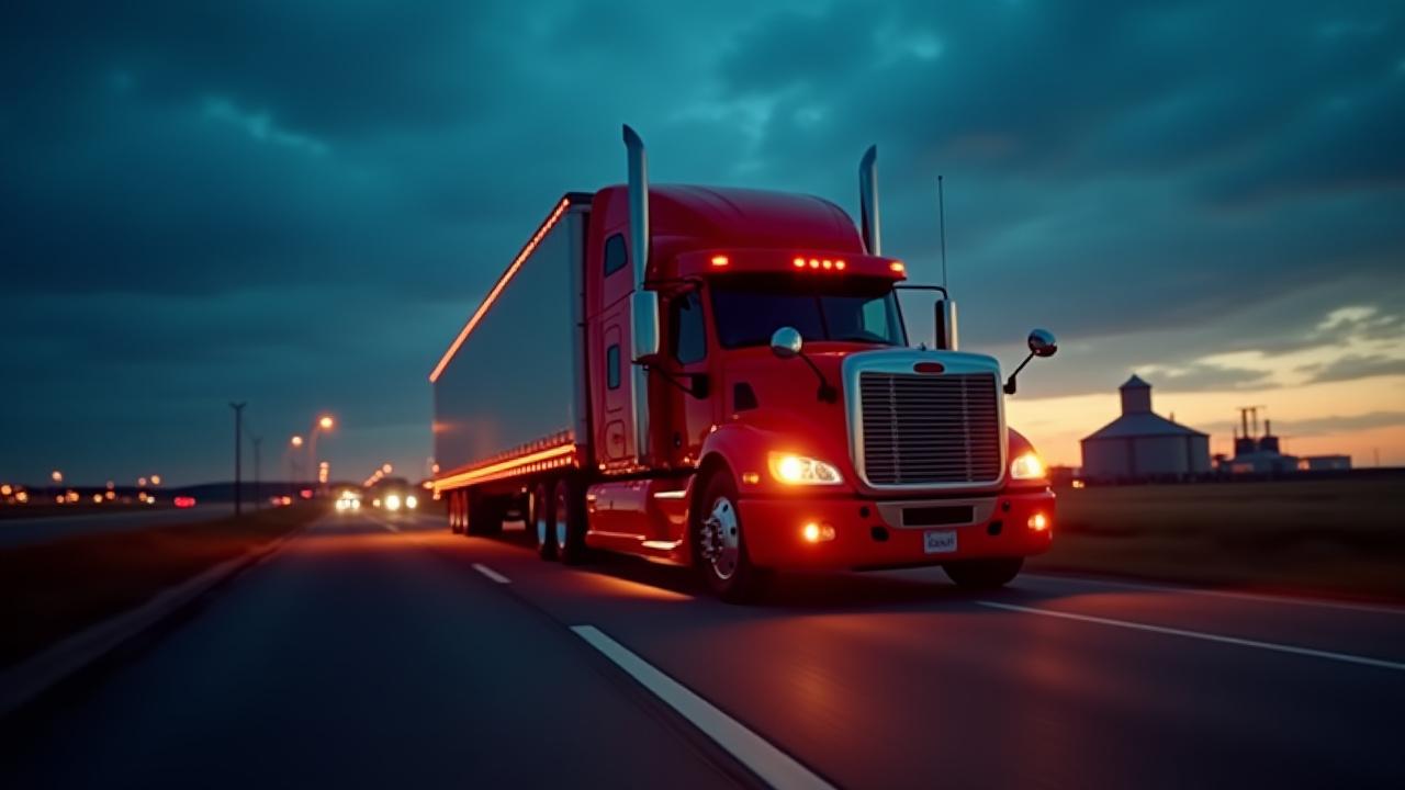 Heavy duty long-haul SMS Trucking semi-truck moving swiftly on a Midwest highway at dusk
