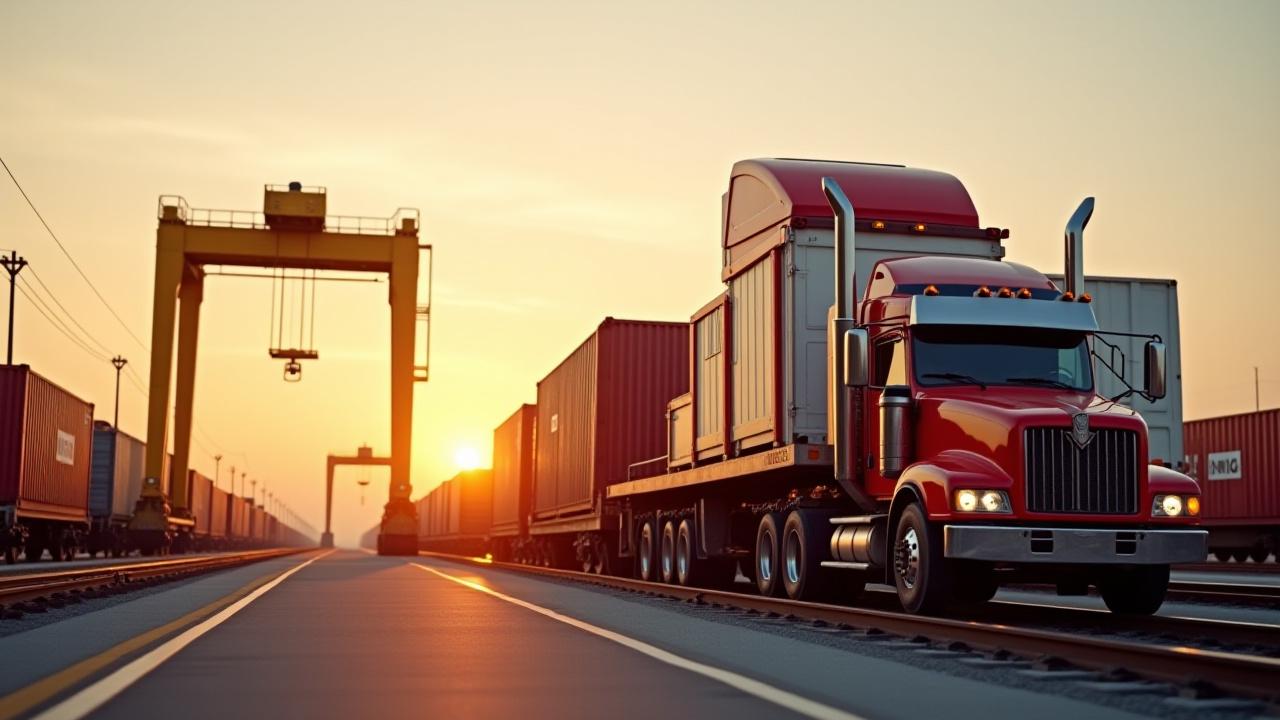 Intermodal container being transferred from a heavy-duty SMS truck to a freight train