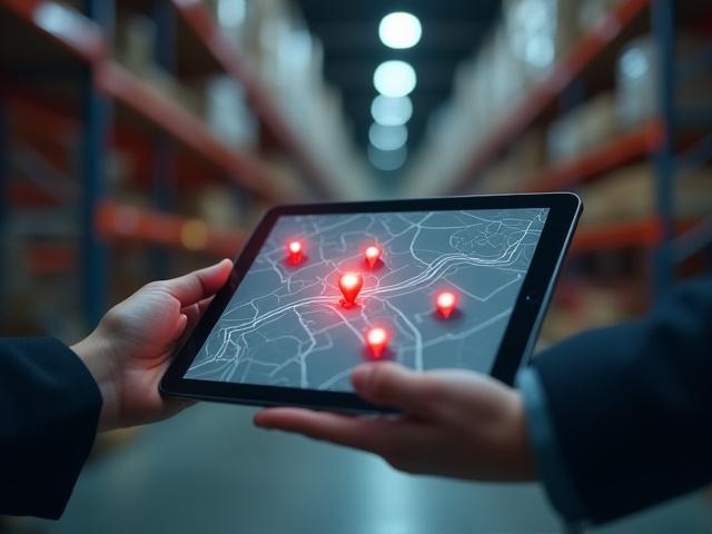 Logistics professional reviewing digital delivery routes on a tablet in front of a distribution center