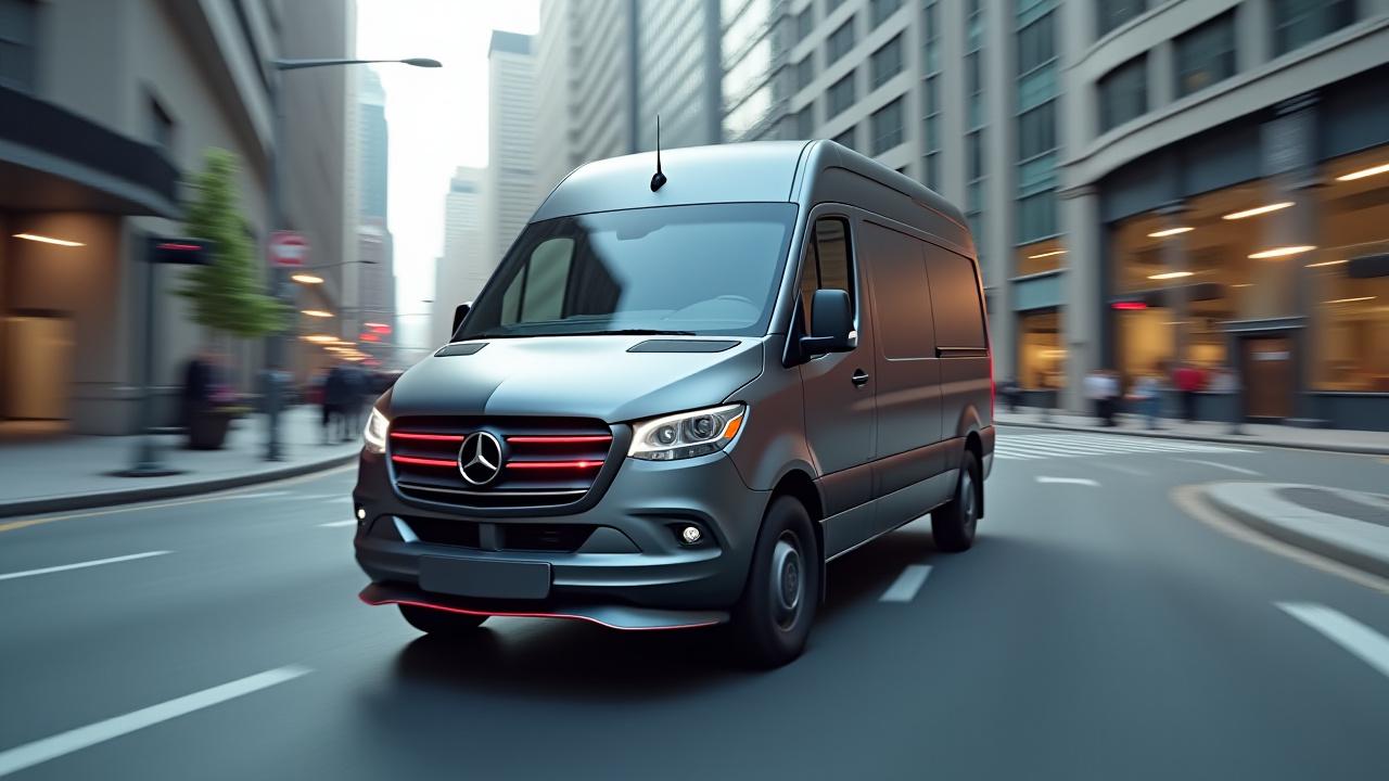 SMS Trucking modern sprinter van performing a local delivery in a metropolitan area
