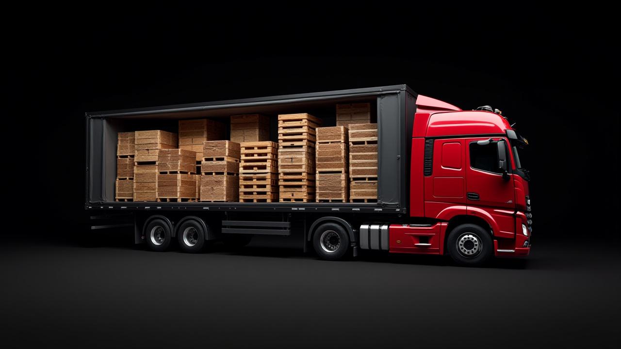 Illustration of freight consolidation showing multiple pallets being loaded into a single modern semi-trailer