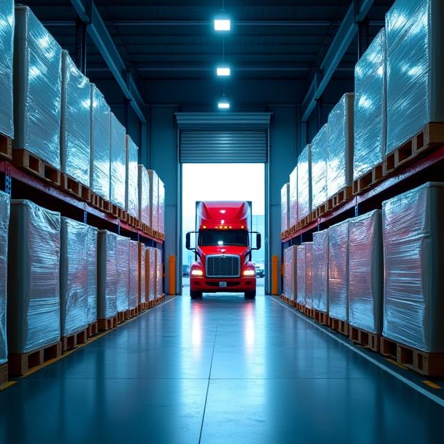 Logistics terminal with organized freight pallets ready for LTL consolidation